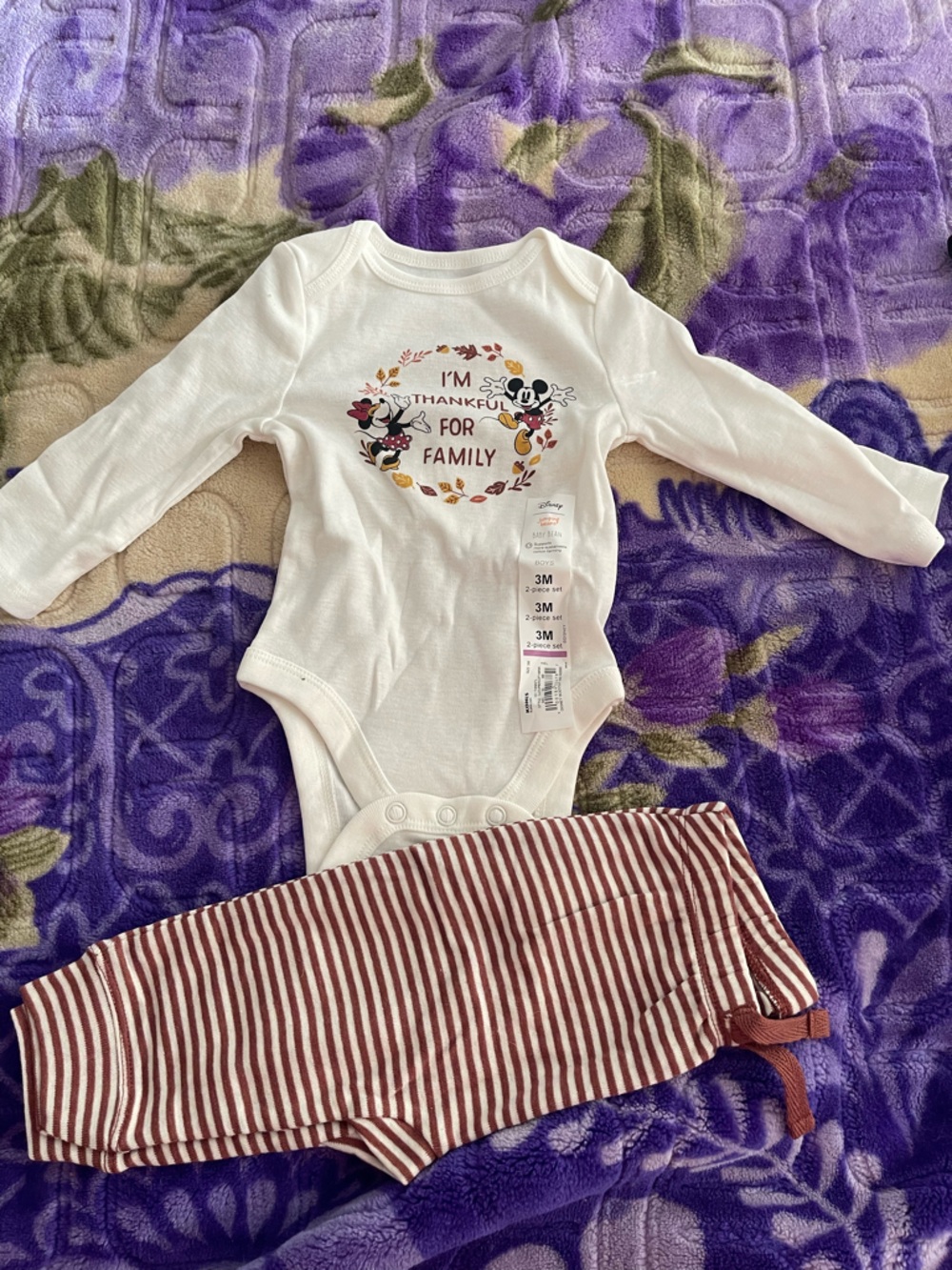 Disney White Long-Sleeve Onesie with Brown Striped Pants
